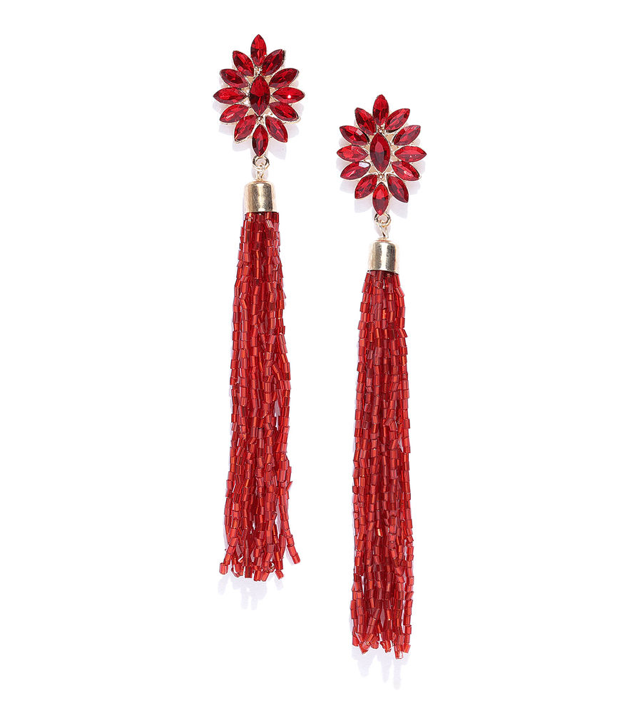 YouBella Red Gold-Plated Tasselled Contemporary Drop Earrings